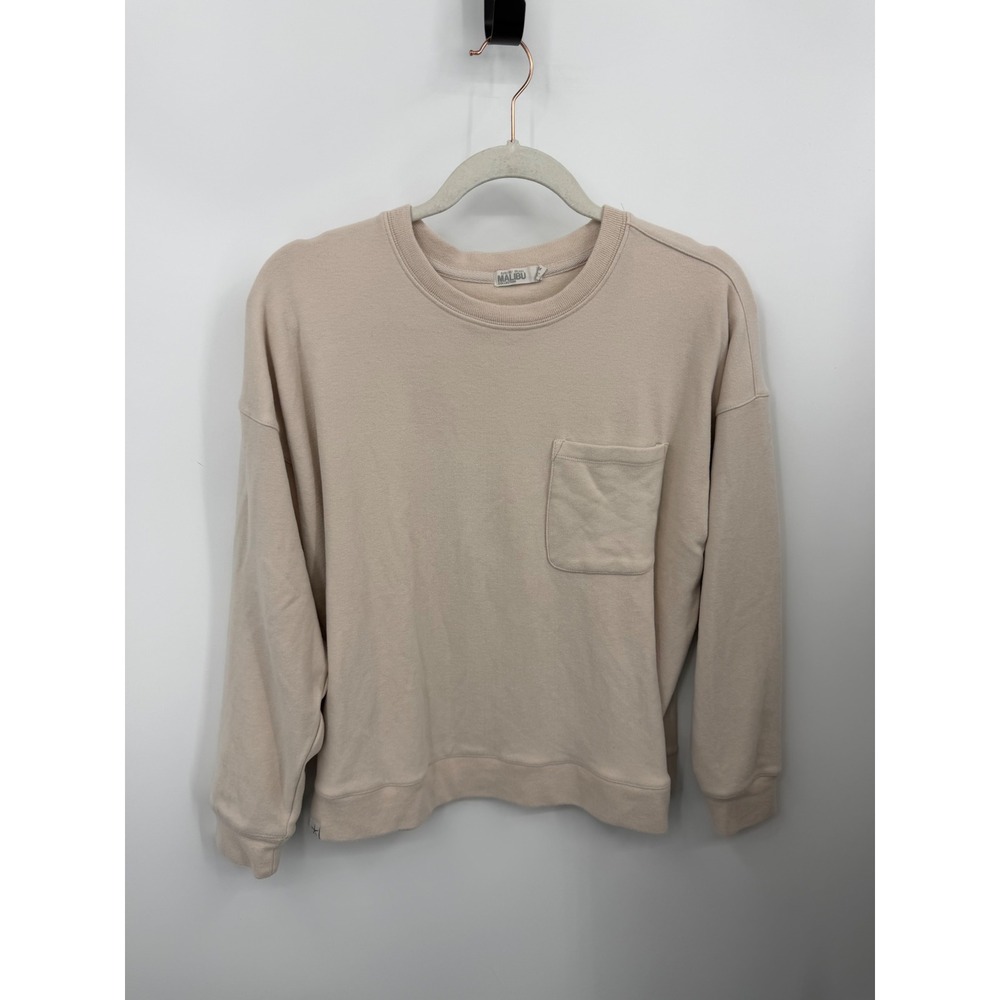 Barefoot Dreams Malibu Pocket Sweatshirt Women Size M Beige Crewneck BDWMC26113